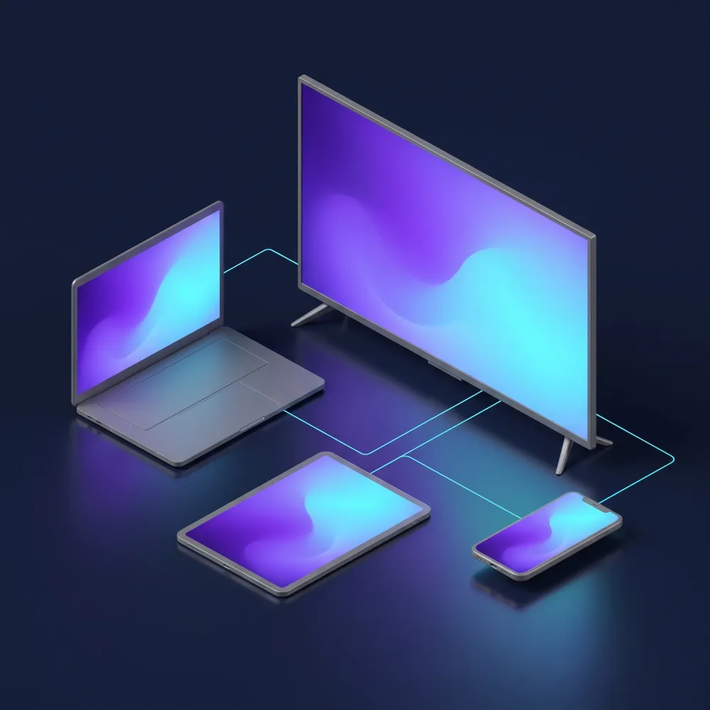 TV, laptop, tablet and phone streaming the same violet-cyan interface