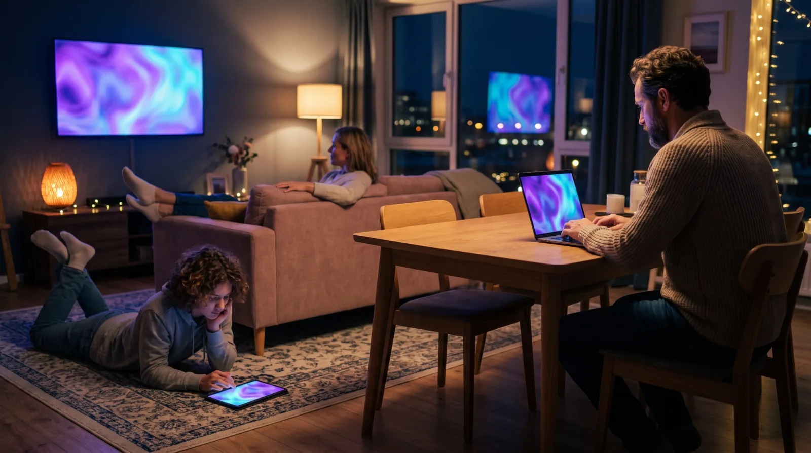 Family watching three different screens at once