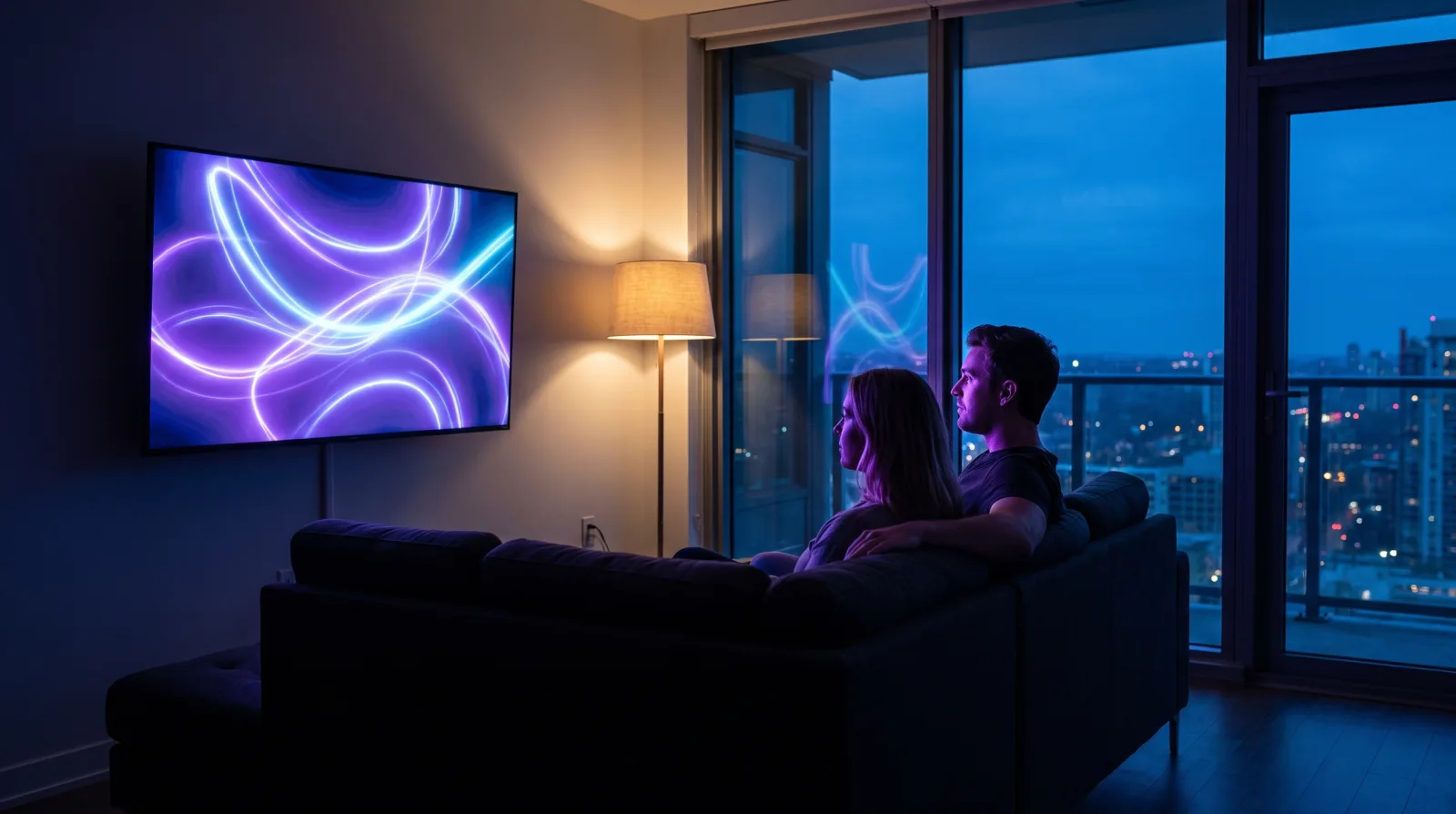 Living room with a wall TV glowing violet and cyan